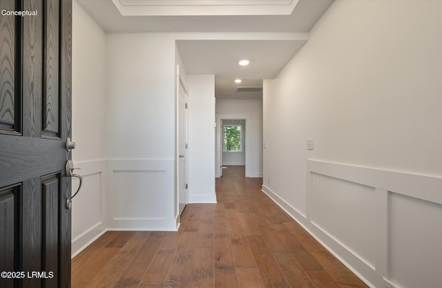 423 Parkside Commons, Bluffton, SC 29910 - corridor with dark wood finished floors and recessed lighting