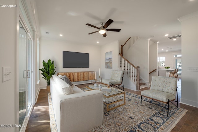 423 Parkside Commons, Bluffton, SC 29910 - living area featuring stairs, ceiling fan, wood finished floors, and recessed lighting