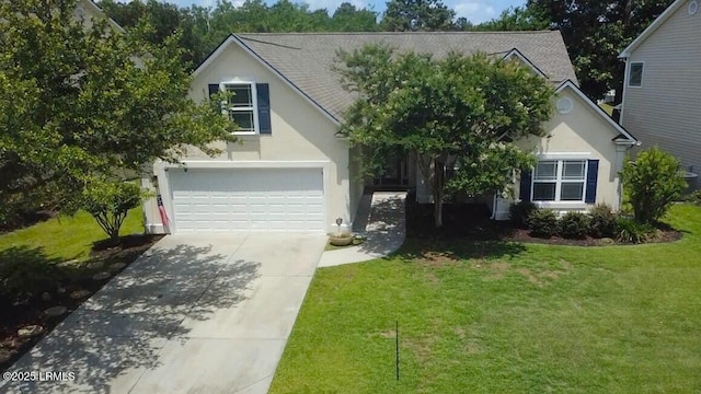 12 Elloree Way, Bluffton, SC 29910 - view of front of property with stucco siding, driveway, a front lawn, and an attached garage