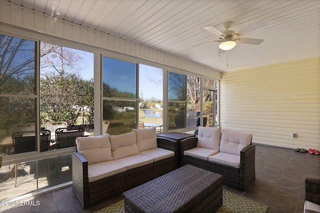 12 Elloree Way, Bluffton, SC 29910 - sunroom with a ceiling fan, a water view, an outdoor hangout area, and healthy amount of natural light