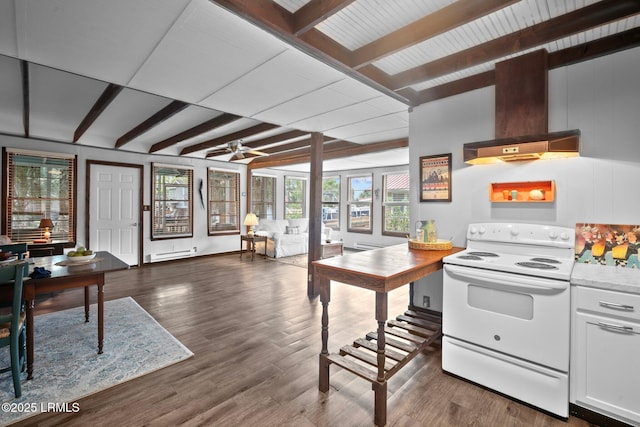 20 Trout St, Bluffton, SC 29910 - kitchen featuring a ceiling fan, white electric range, ventilation hood, beamed ceiling, and open floor plan
