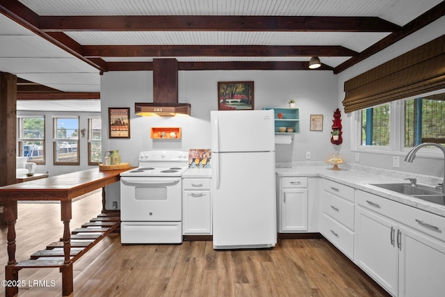 20 Trout St, Bluffton, SC 29910 - kitchen with a sink, white appliances, wall chimney exhaust hood, and wood finished floors