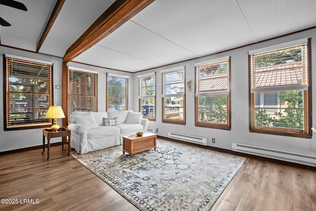 20 Trout St, Bluffton, SC 29910 - living area with beamed ceiling, baseboards, baseboard heating, and wood finished floors