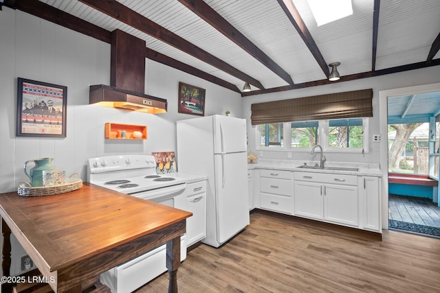 20 Trout St, Bluffton, SC 29910 - kitchen featuring white appliances, beamed ceiling, plenty of natural light, wall chimney exhaust hood, and a sink