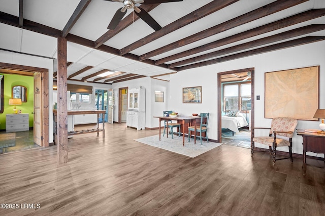 20 Trout St, Bluffton, SC 29910 - living area with wood finished floors, a ceiling fan, baseboards, and beam ceiling