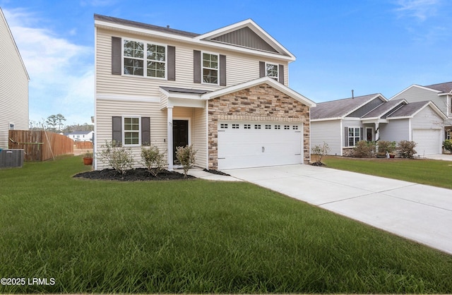 77 Great Bend Dr, Beaufort, SC 29906 - view of front facade featuring fence, cooling unit, board and batten siding, driveway, and stone siding