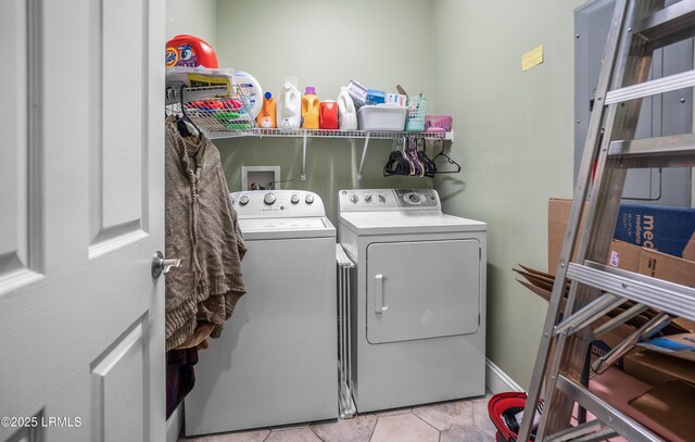 3010 Palmetto Ridge St, Beaufort, SC 29906 - washroom with laundry area, light tile patterned flooring, baseboards, and washing machine and dryer