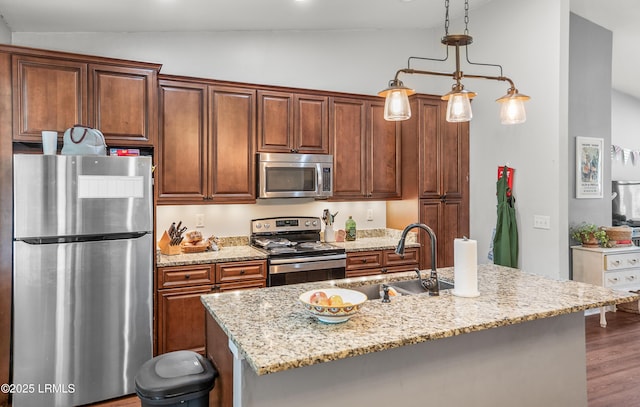 3010 Palmetto Ridge St, Beaufort, SC 29906 - kitchen featuring light stone countertops, dark wood-type flooring, appliances with stainless steel finishes, a sink, and lofted ceiling
