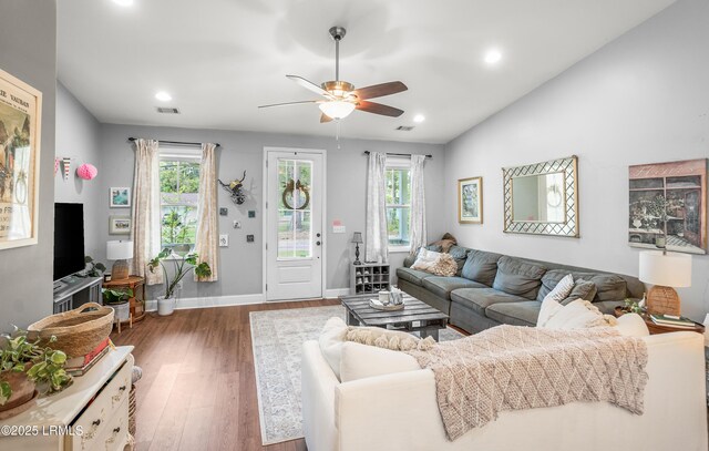 3010 Palmetto Ridge St, Beaufort, SC 29906 - living room with a healthy amount of sunlight, ceiling fan, baseboards, and wood finished floors