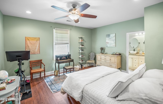 3010 Palmetto Ridge St, Beaufort, SC 29906 - bedroom featuring baseboards, ensuite bathroom, a ceiling fan, visible vents, and wood finished floors