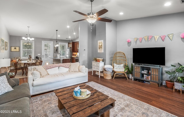 3010 Palmetto Ridge St, Beaufort, SC 29906 - living area featuring recessed lighting, dark wood-style floors, and ceiling fan with notable chandelier