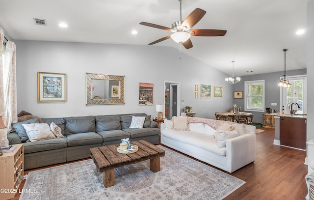 3010 Palmetto Ridge St, Beaufort, SC 29906 - living room featuring visible vents, dark wood finished floors, recessed lighting, ceiling fan with notable chandelier, and lofted ceiling
