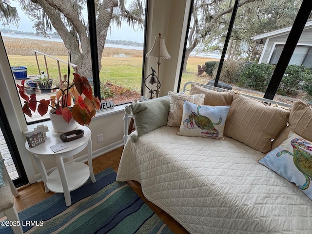 bedroom with multiple windows, a water view, and baseboards