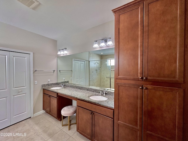 bathroom featuring a sink, visible vents, tile patterned floors, and a stall shower