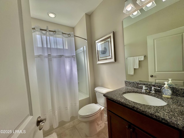 full bath featuring toilet, tile patterned floors, shower / bathtub combination with curtain, and vanity