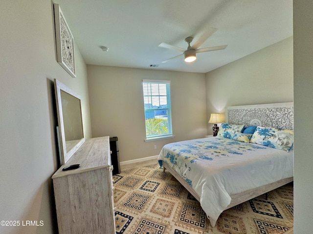 bedroom featuring visible vents, baseboards, and a ceiling fan