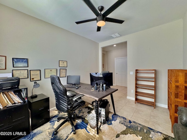 office with visible vents, tile patterned floors, a ceiling fan, and baseboards
