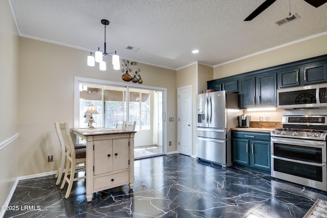 kitchen with crown molding, marble finish floor, visible vents, and appliances with stainless steel finishes