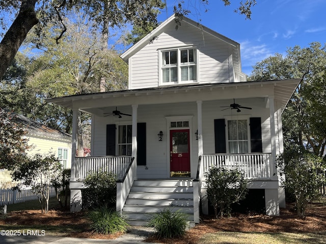 view of front of home with a porch and ceiling fan