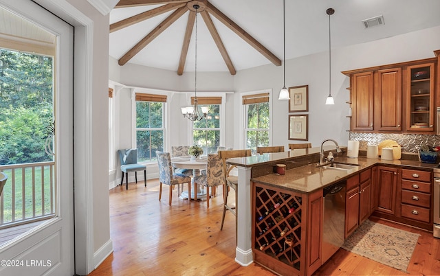 kitchen with sink, stainless steel dishwasher, a kitchen breakfast bar, kitchen peninsula, and pendant lighting