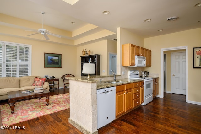 kitchen featuring sink, white appliances, backsplash, light stone countertops, and dark hardwood / wood-style flooring