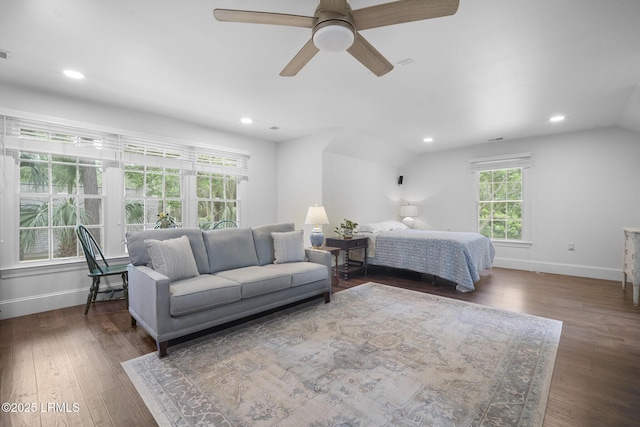 714 Island Cir E, Saint Helena Island, SC 29920 - bedroom with wood finished floors, baseboards, ceiling fan, recessed lighting, and lofted ceiling