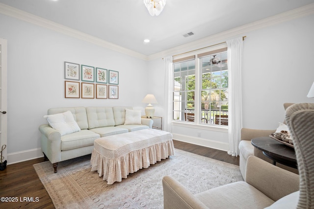 714 Island Cir E, Saint Helena Island, SC 29920 - living room featuring baseboards, wood finished floors, ornamental molding, and recessed lighting