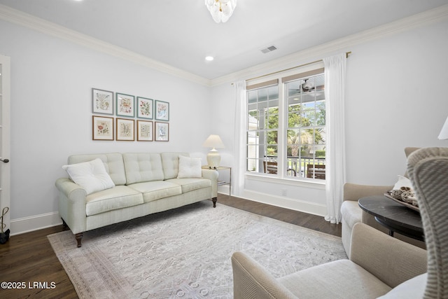 714 Island Cir E, Saint Helena Island, SC 29920 - living room featuring baseboards, wood finished floors, ornamental molding, and recessed lighting