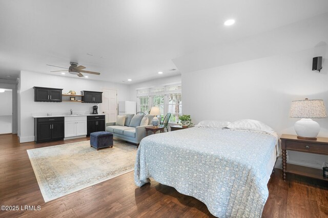 714 Island Cir E, Saint Helena Island, SC 29920 - bedroom with a sink, recessed lighting, dark wood-style flooring, baseboards, and a ceiling fan