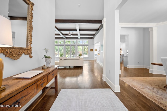 714 Island Cir E, Saint Helena Island, SC 29920 - entryway with dark wood-style floors, coffered ceiling, beamed ceiling, decorative columns, and baseboards