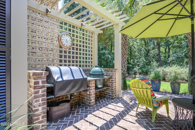 view of patio / terrace with a grill, a pergola, and an outdoor kitchen