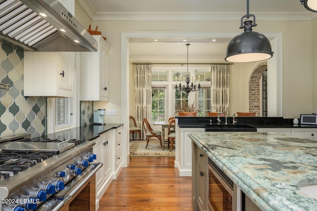 kitchen featuring stainless steel appliances, sink, white cabinets, and range hood