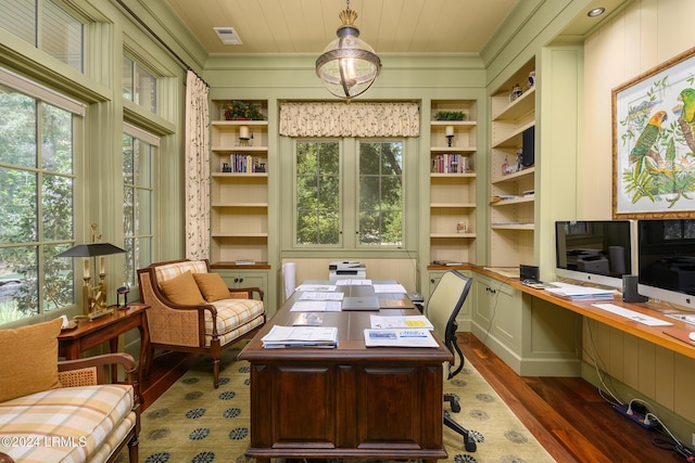 home office featuring built in shelves, dark hardwood / wood-style floors, built in desk, and wooden ceiling