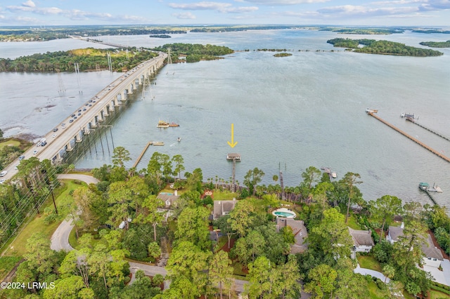 aerial view featuring a water view