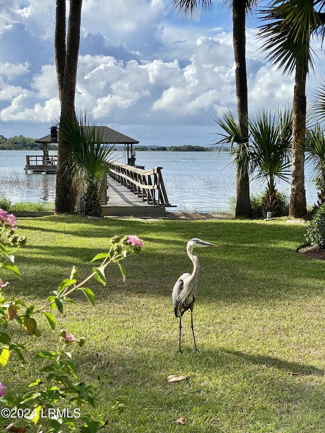 exterior space with a water view and a lawn