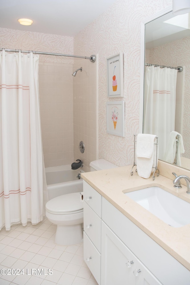 full bathroom with toilet, vanity, shower / bathtub combination with curtain, and tile patterned flooring