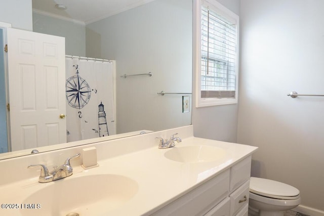 1003 9th St, Port Royal, SC 29935 - full bathroom featuring double vanity, ornamental molding, and a shower with curtain