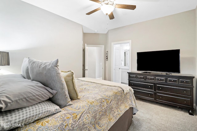 bedroom featuring light carpet and ceiling fan