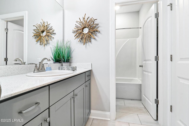 full bath featuring tile patterned flooring, vanity, baseboards, and shower / bathtub combination