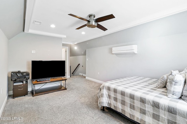 bedroom featuring visible vents, baseboards, lofted ceiling, a wall mounted air conditioner, and carpet