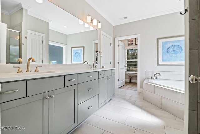 bathroom featuring a garden tub, ornamental molding, a sink, and a shower stall