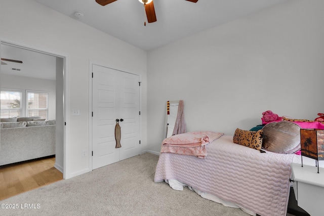 bedroom with carpet flooring and ceiling fan