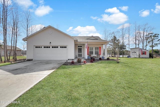 single story home with a porch, a garage, and a front yard