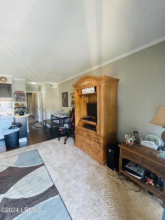 carpeted living room with ornamental molding and a textured ceiling