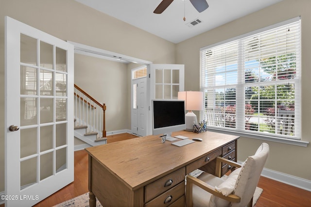 1216 Hearthstone Dr, Ridgeland, SC 29936 - office space with baseboards, ceiling fan, visible vents, and wood finished floors