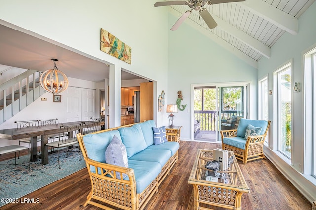 262 Deer Run Ln, Fripp Island, SC 29920 - living room with plenty of natural light, ceiling fan, a chandelier, wood finished floors, and high vaulted ceiling