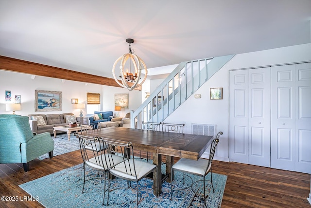 262 Deer Run Ln, Fripp Island, SC 29920 - dining space with a chandelier, dark wood finished floors, stairs, and beam ceiling