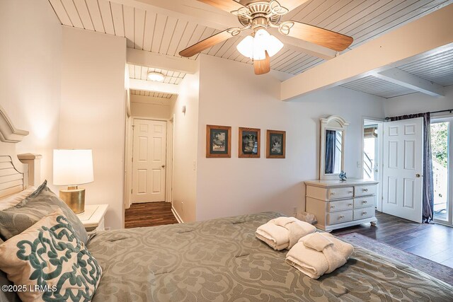 262 Deer Run Ln, Fripp Island, SC 29920 - bedroom featuring dark wood-type flooring, wood ceiling with exposed beams, and a ceiling fan
