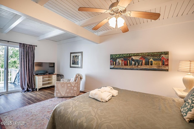 262 Deer Run Ln, Fripp Island, SC 29920 - bedroom with wood finished floors, access to exterior, a ceiling fan, and wooden ceiling with exposed beams