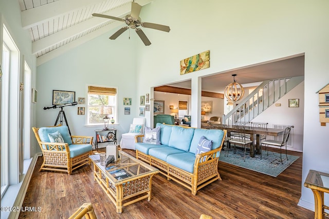 262 Deer Run Ln, Fripp Island, SC 29920 - living room with wood finished floors, a chandelier, stairway, beam ceiling, and ceiling fan